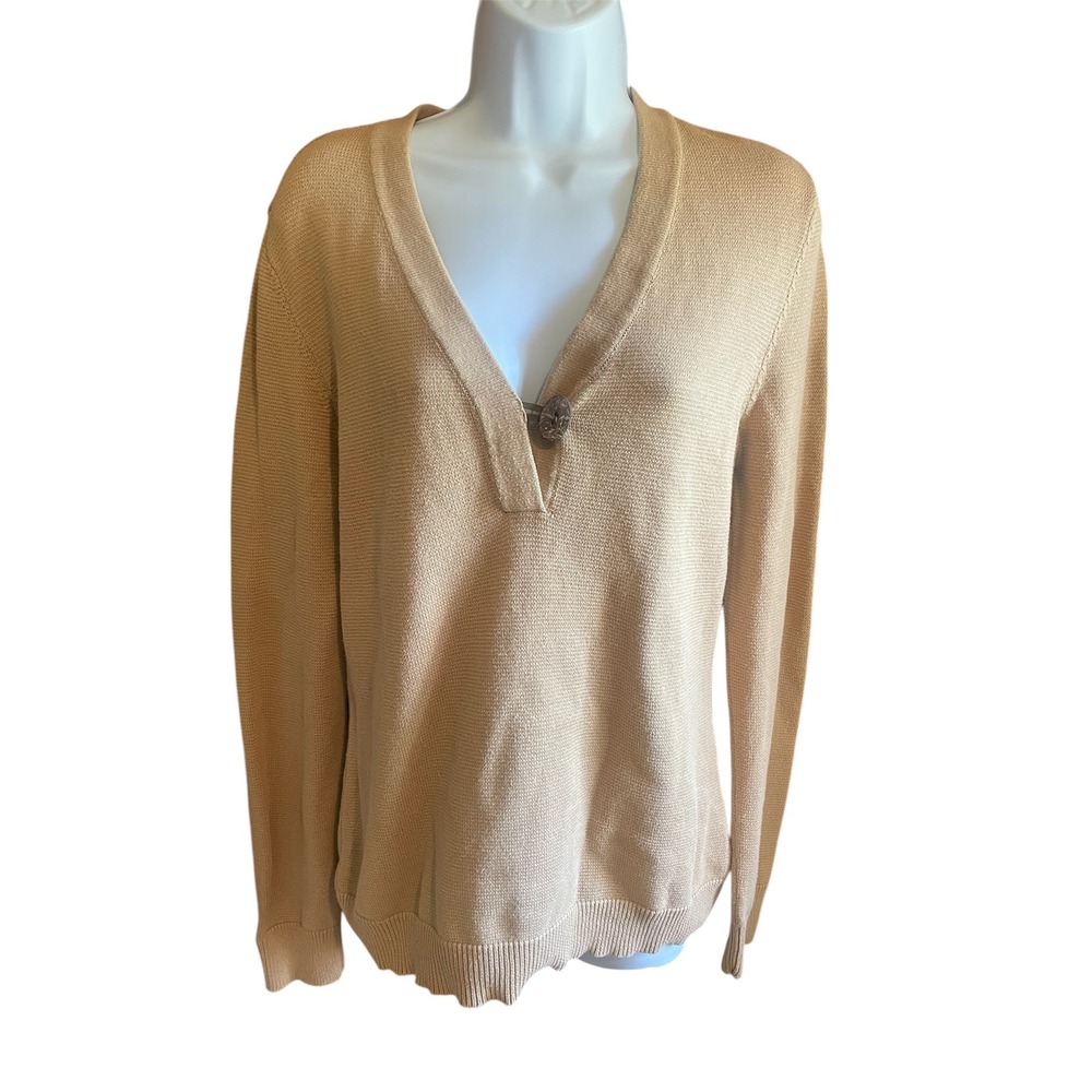 Lauren Ralph Lauren‎ V-Neck Knit Top Button Detail Sweater Beige Size L